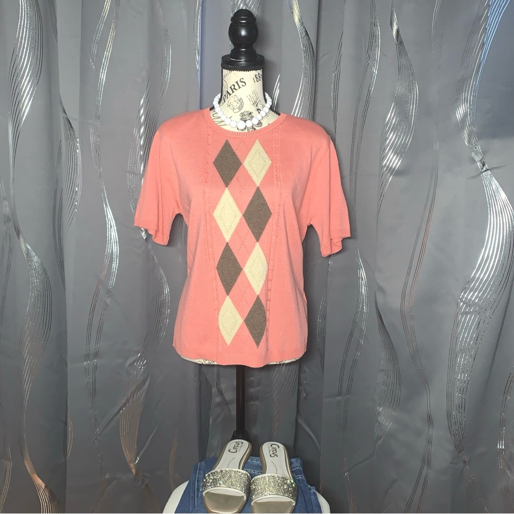 Alfred Dunner Sweater Pink Short Sleeve Crew Neck With Shoulder Pads Size Medium